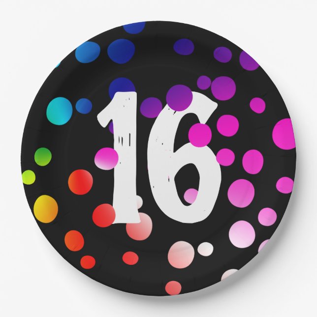 16. Geburtstag Rainbow Dots auf Black Pappteller (Vorderseite)