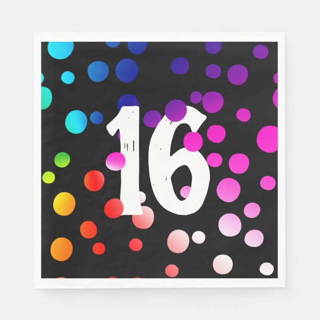 16. Geburtstag Rainbow Dots auf Black Serviette (Vorderseite)