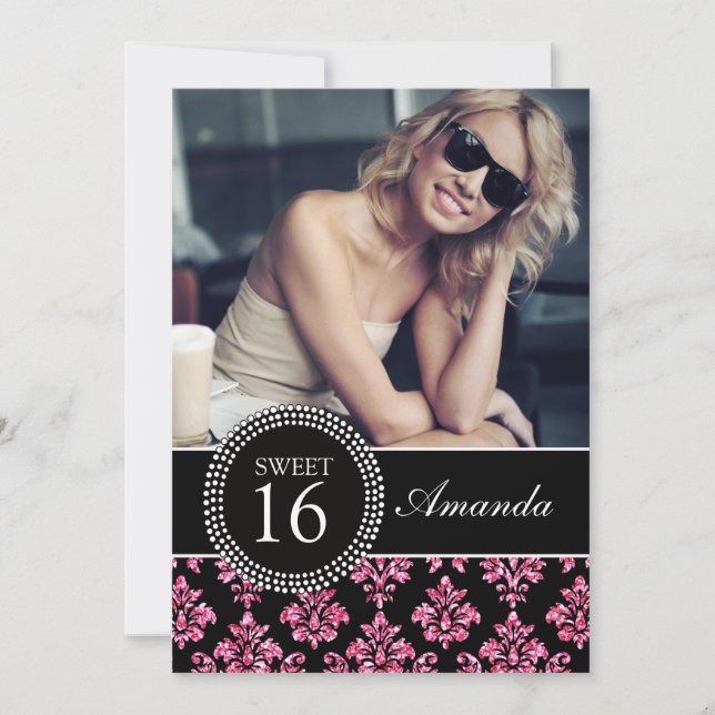 16. GEBURTSTAG, ROSA GLITZER, SCHWARZER DAMAST EINLADUNG (Vorderseite)