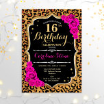 16. Geburtstag - Rosa Rosen Leopard Print Einladung<br><div class="desc">Einladung zum 16. Geburtstag. Elegantes rosa Schwarz-Design mit Imitaten Glitzer Gold. Enthält Leoparden Gepard-Tierdruck,  Skript-Schriftart und heiß rosa Rose. Ideal für eine elegante Geburtstagsfeier. Kann in jedes Jahr personalisiert werden! Nachricht,  wenn Sie weitere Anpassungen benötigen.</div>