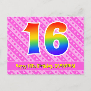 16. Geburtstag: Rosa Streifen & Herzen, Regenbogen Postkarte