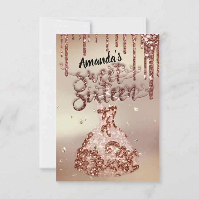 16 . Geburtstag Rose Blumenkleid Glitzer Tropfen G Einladung (Rückseite)