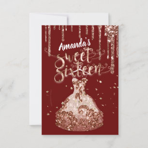 16 . Geburtstag Rose Dress Glitzer Tropfen Burgund Einladung