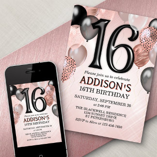 16. Geburtstag Rose Gold Ballons Einladung