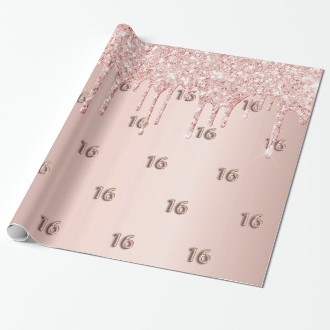 16. Geburtstag Rose Gold Glitzer Tropfen rosa Geschenkpapier (Ungerollt)