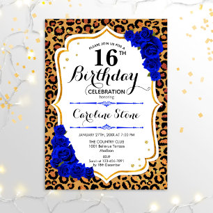 16. Geburtstag - Royal Blue Gold Leopard Print Einladung