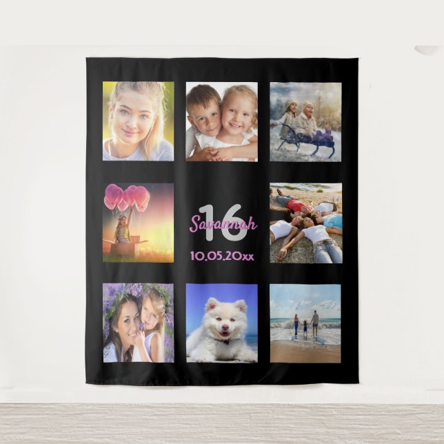 16. Geburtstag schwarz-rosa Foto Collage Wandteppich (Vorderseite)