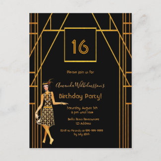 16. Geburtstag Schwarzes Gold Deko-Stil Einladung Postkarte
