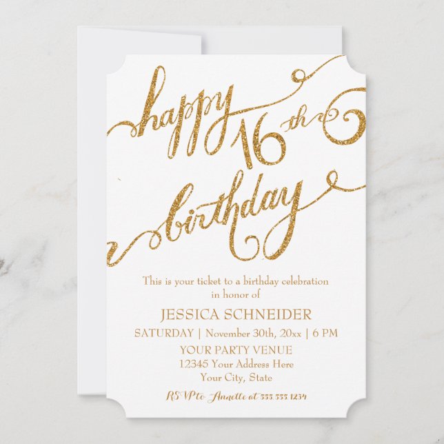 16 . Geburtstag Sechzehntes Geburtstagsparty-Ticke Einladung (Vorderseite)