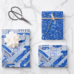 16 . Geburtstag Sparkle Word Cloud Blue ID265 Geschenkpapier Set