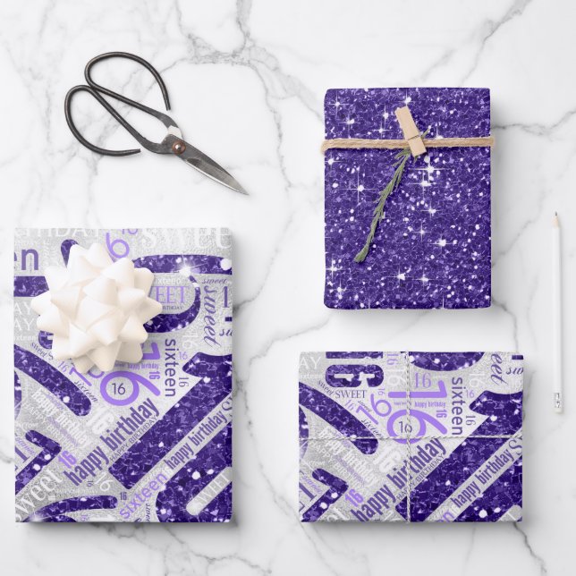 16 . Geburtstag Sparkle Word Cloud Lila ID265 Geschenkpapier Set (Vorderseite)