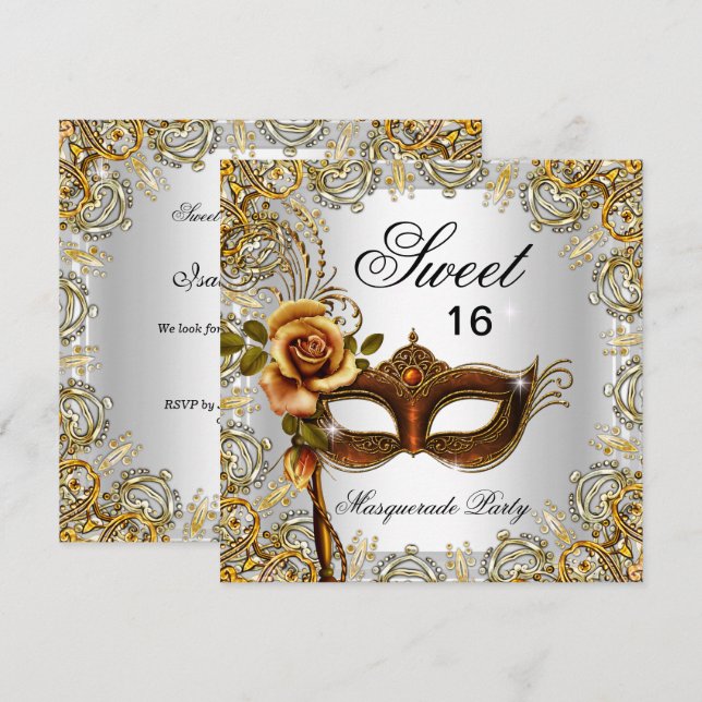 16 . Geburtstag Sweet 16 Masquerade Gold 2 Einladung (Vorne/Hinten)