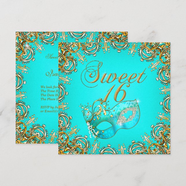 16 . Geburtstag Sweet 16 Masquerade Gold Aquamarin Einladung (Vorne/Hinten)