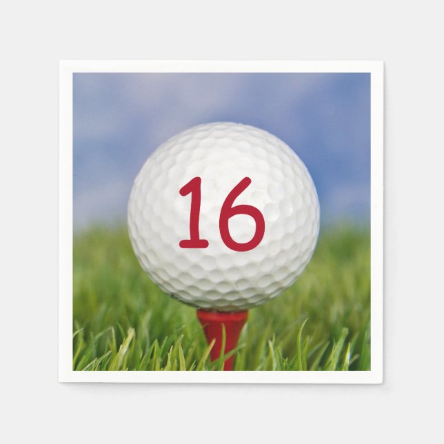 16. Geburtstag weißer Golfball auf rotem Tee Serviette (Vorderseite)