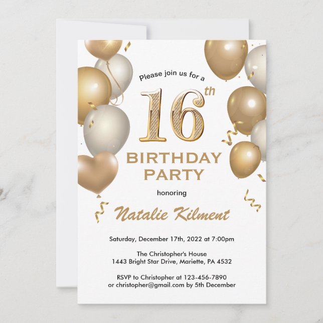16. Geburtstag Weißer und Goldballons Einladung (Vorderseite)