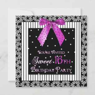 16. GEBURTSTAGLICHE EINLADUNG, Black/Fuchsia/Bow Einladung