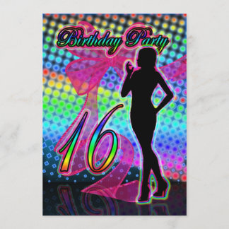16. Geburtstags-Party Einladung, Neon mit Einladung