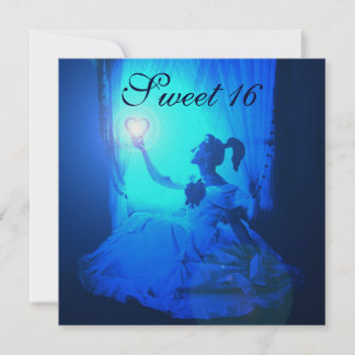 16 GEBURTSTAGSPARTEI, BLAUE SCHWARZ-WEISS DAMASK EINLADUNG