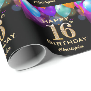 16. Geburtstagsparty Black and Gold Ballons Geschenkpapier