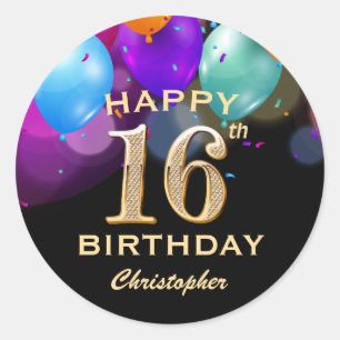 16. Geburtstagsparty Black and Gold Ballons Runder Aufkleber