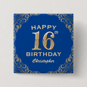16. Geburtstagsparty Blue and Gold Glitzer Frame Button
