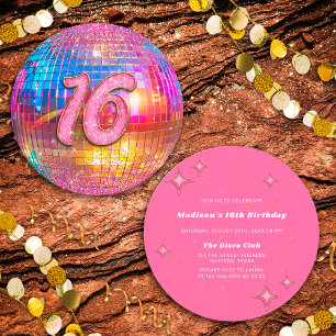 16. Geburtstagsparty Gold Pink Glitzer Disco Ball Einladung