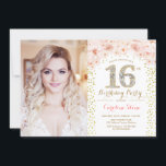 16. Geburtstagsparty mit Foto - Gold rosa Blütenpr Einladung<br><div class="desc">16. Geburtstagsfeier mit Ihrem Foto. Verfügt über goldene Konfetti und rot rosa Rosen. Klassisches Blumendesign mit Imitat Glitzer. Ideal für eine elegante 16 . Geburtstag-Feier.</div>