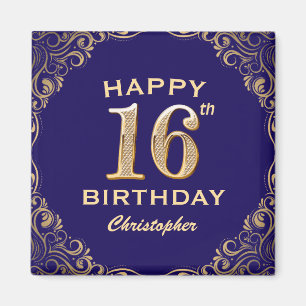 16. Geburtstagsparty Navy Blue and Gold Glitzer Magnet