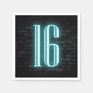 16. Geburtstagsparty Neon Sign on Brick Wall Serviette