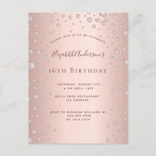 16. Geburtstagsparty Rose Gold Diamond Einladung Postkarte
