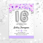 16. Geburtstagsparty - Silberballons Lila Einladung<br><div class="desc">16. Geburtstagsfeier Einladung. Elegantes Design in Imitaten Glitzer Silber mit Blumenakzent. Einladende Karte mit Silber-Nummer 16 Ballons,  Script-Schriftart mit Konfetti. Pastel lila,  Lavendel und Weiß. Ideal für eine stilvolle sechzehnte Feier. Nachricht,  wenn du ein Alter brauchst.</div>