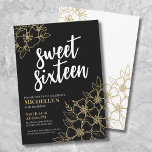 16. Gold Floral 16 . Geburtstag Geburtstag Einladung<br><div class="desc">16. Black Gold Floral 16 . Geburtstag Geburtstag Einladung. Eine lustige, aber elegante 16. Geburtstagsfeier mit stilvollen Konturen aus Gold und Weiß der Blume. Bitte beachten Sie, dass das "Gold" nur eine Farbe ist, es ist keine Folie oder ein Schimmer drin. Ein spielerisches Blume-Muster umrahmt eine Skripttypografie "16 . Geburtstag"...</div>