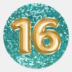 16 Goldballons Funkelnd Aquamariner Glitzer Runder Aufkleber