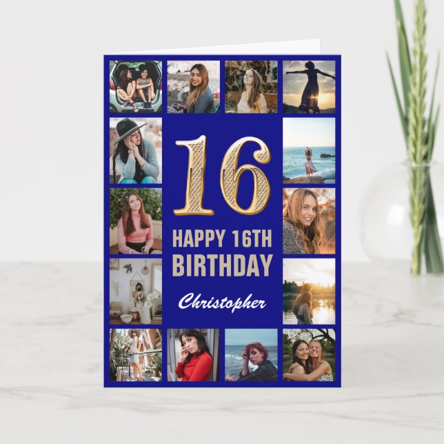 16. Happy Birthday Navy Blue & Gold Foto Collage Karte (Vorderseite)