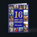 16. Happy Birthday Navy Blue & Gold Foto Collage Karte<br><div class="desc">16. Happy Birthday Navy Blue und Gold Foto Collage Geburtstagskarte. Für weitere Anpassungen klicken Sie bitte auf die Schaltfläche "Anpassen" und verwenden Sie unser Designwerkzeug,  um diese Vorlage zu ändern.</div>