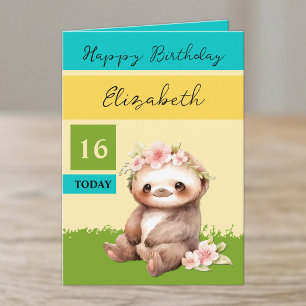 16 heute Faultier Name türkis gelb Geburtstag Karte