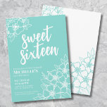 16. Modern Floral 16 . Geburtstag Geburtstagsparty Einladung<br><div class="desc">16. Aquamarin Blue Floral 16 . Geburtstag Geburtstagsparty Einladung. Eine lustige, aber elegante 16. Geburtstagsfeier mit leuchtend türkisfarbenen oder aquamarinen blau-weiß-Blume Konturen. Ein spielerisches Blume-Muster umrahmt eine Skripttypografie "16 . Geburtstag" mit einem klassischeren Serif-Schriftart. Feiern Sie 16 Jahre des Lebens mit diesem stilvollen botanischen Design. Der Spaß daran ist, dass...</div>