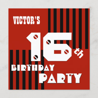 16. oder jeden Geburtstag moderne rote Streifen T1 Einladung