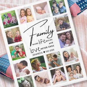 16 Photo Collage Family Name Quote Black And white Fleecedecke