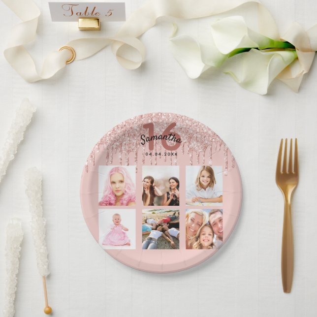 16. Rose Gold Rosa Foto Pappteller (Hochzeit)