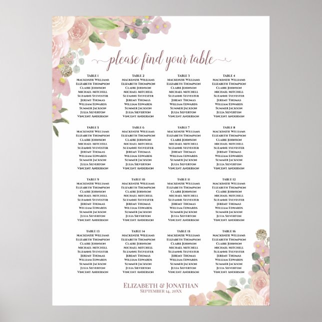 16 Tabelle Boho Rosa Blumenstühle Poster (Vorne)