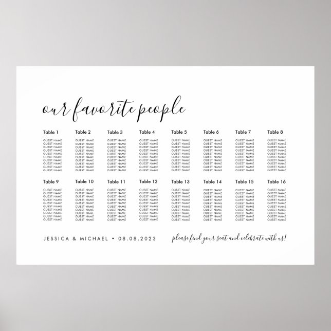 16 Tabelle Elegant Wedding Guest Seating Chart Poster (Vorne)
