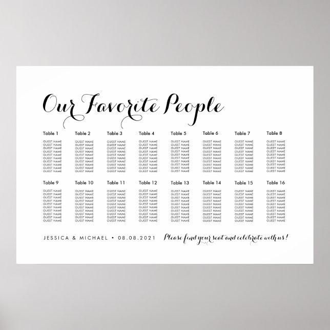 16 Tabelle Elegant Wedding Guest Seating Chart Poster (Vorne)