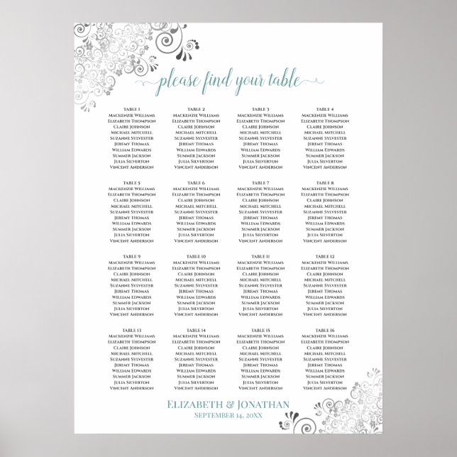 16 Tabelle Frily Wedding Seating Chart Weiß & Aqua Poster (Vorne)