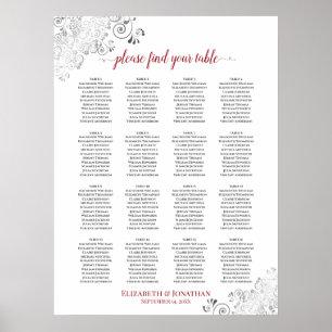16 Tabelle Frily Wedding Seating Chart White & Red Poster
