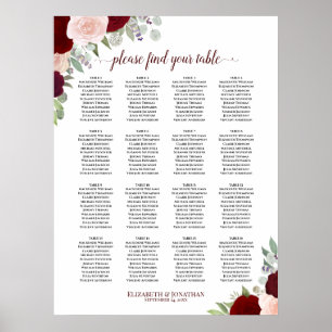 16 Tabelle Rot-Rosa-Blütensitzkarte Poster