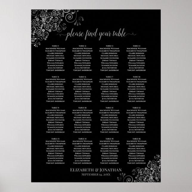 16 Table Frills Argent Mariage noir Tableau de siè (Devant)