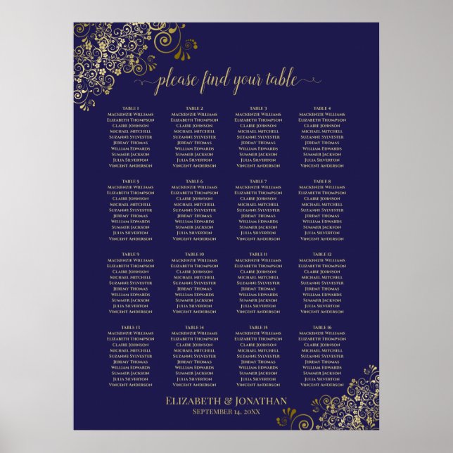 16 Table Lacy Gold Hochzeitssattel Navy Blue Poster (Vorne)