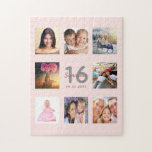 16 th birthday custom foto rose gold blush pink<br><div class="desc">Ein einzigartiges 16. Geburtstagsgeschenk oder Sake, das ihr Leben mit einer Collage von 8 deiner Fotos feiert. Fügen Sie Bilder von ihrer Familie, Freunden, Haustieren, Hobbys oder Traumreise Ziel. Personalisieren und fügen Sie einen Namen, Alter 16 und ein Datum. Graue und dunkle Rose goldfarbene Buchstaben. Elegante und trendige rosa Hintergrundfarbe....</div>