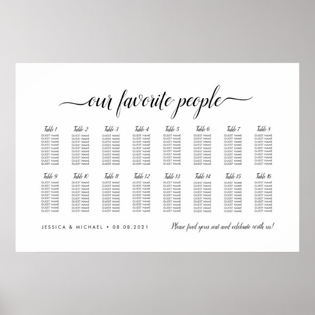 16 Tisch Elegant unsere Lieblings-Sitzkarte Poster (Vorne)